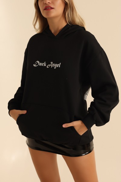Siyah İki İp Kapüşonlu Bayan Sweat 199603