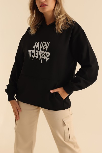Siyah İki İp Kapüşonlu Bayan Sweat 199609