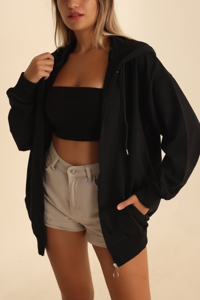 Siyah İki İp Oversize Bayan Hırka 203205