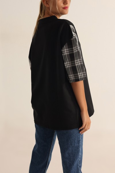 Siyah İki İp Oversize Bayan Tişört 193620