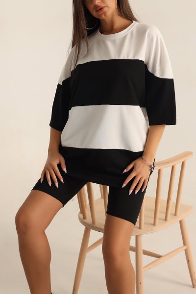 Siyah İki İp Oversize Bayan Tişört -T 169558