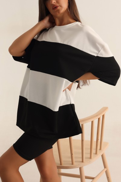 Siyah İki İp Oversize Bayan Tişört -T 169558