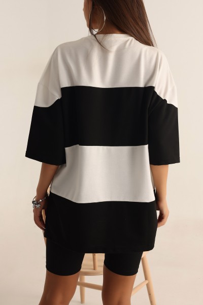 Siyah İki İp Oversize Bayan Tişört -T 169558
