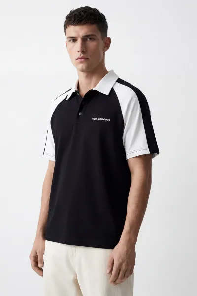 Siyah İki İp Polo Yaka Çıt Çıtlı Erkek Tişört 435087