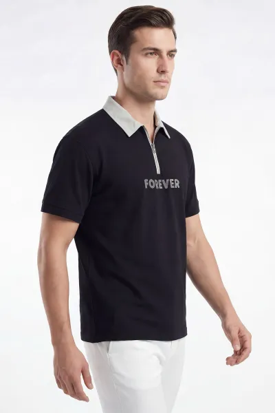 Siyah İki İp Polo Yaka Yarım Fermuarlı Erkek Tişört 435195