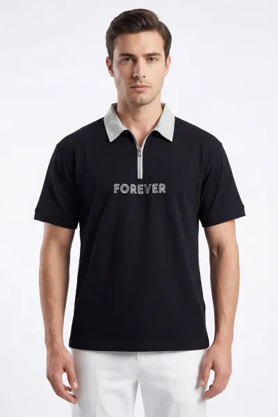 Siyah İki İp Polo Yaka Yarım Fermuarlı Erkek Tişört 435195