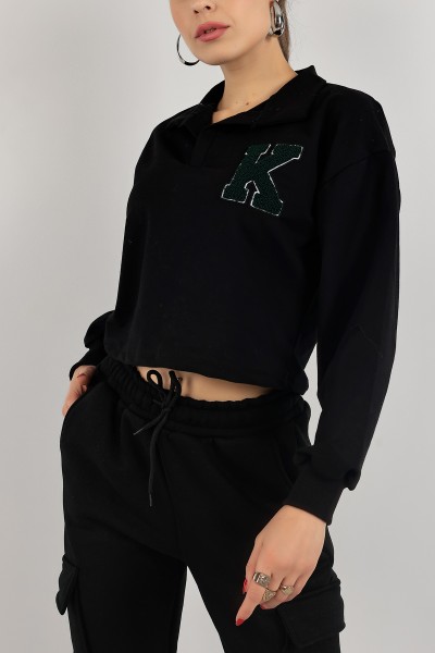 Siyah İki İp Süzeneli Crop Sweat 140085