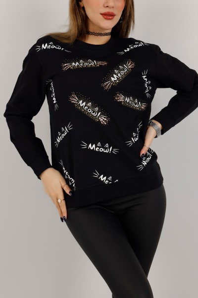 Siyah İki İp Taş İşlemeli Sweat 155401