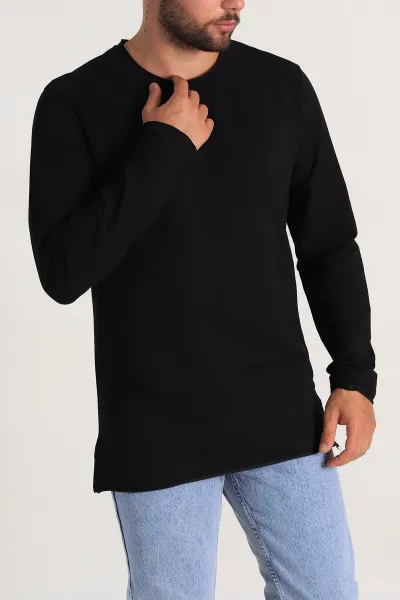 Siyah İki İp Yırtık Yaka Detaylı Basic Erkek Sweatshirt 299818
