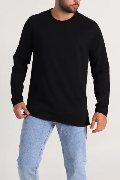 Siyah İki İp Yırtık Yaka Detaylı Basic Erkek Sweatshirt 299818