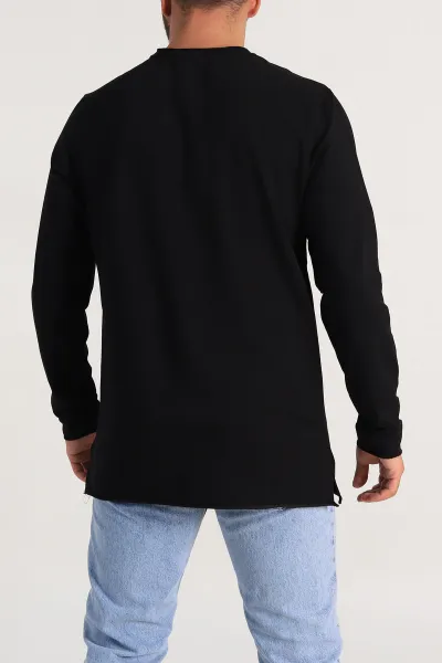 Siyah İki İp Yırtık Yaka Detaylı Basic Erkek Sweatshirt 299818