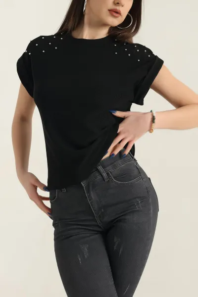Siyah İnci Detay Ottoman Likralı Bluz 337545