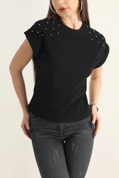Siyah İnci Detay Ottoman Likralı Bluz 337545