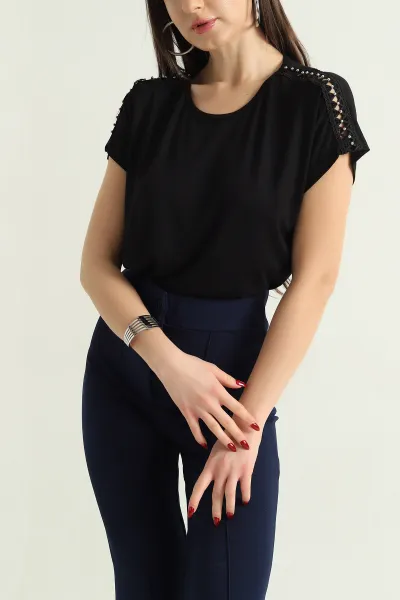 Siyah İncili Dantelli Çilek Bluz 334546