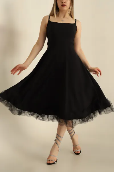 Siyah İp Askılı Göğüs Pedli Tül Detay Elbise 262801