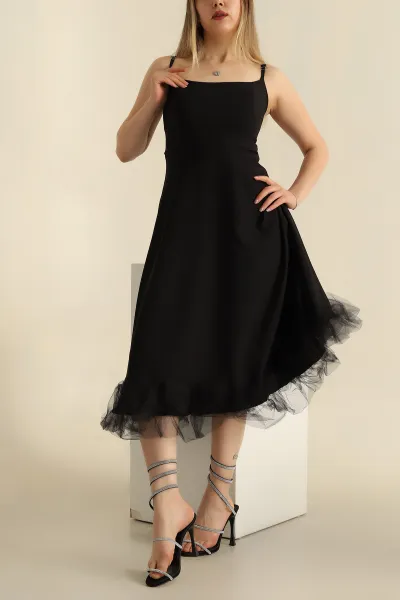 Siyah İp Askılı Göğüs Pedli Tül Detay Elbise 262801