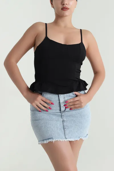 Siyah İp Askılı Kadın Yazlık Scuba Kadın Bluz 476031