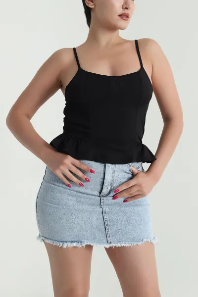 Siyah İp Askılı Kadın Yazlık Scuba Kadın Bluz 476031