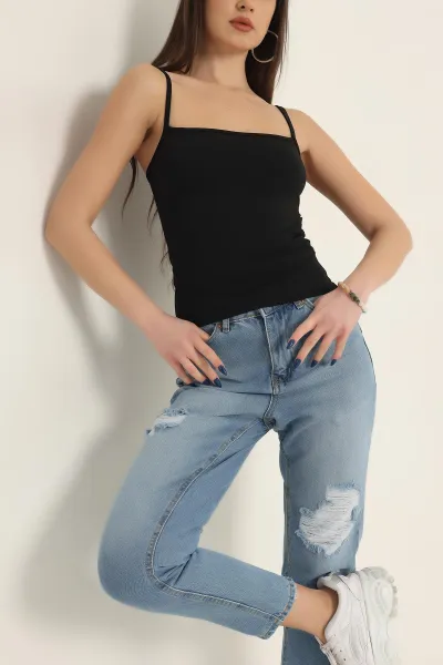 Siyah İp Askılı Likralı Sandy Bluz 337397
