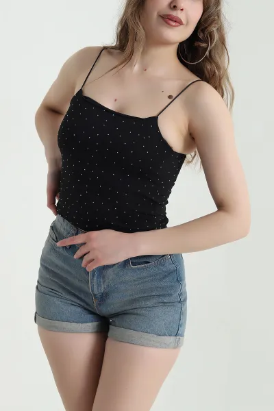 Siyah İp Askılı Taşlı Sandy Kadın Bluz 451901