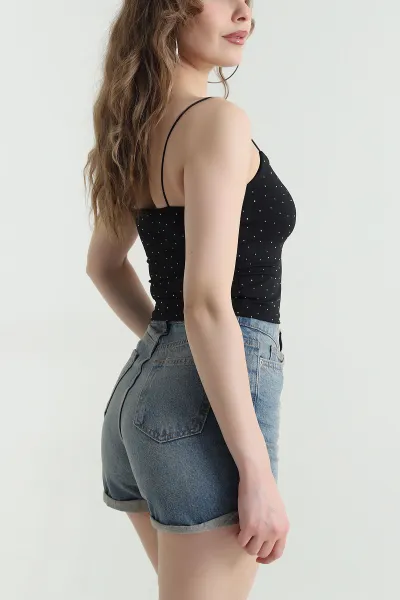 Siyah İp Askılı Taşlı Sandy Kadın Bluz 451901