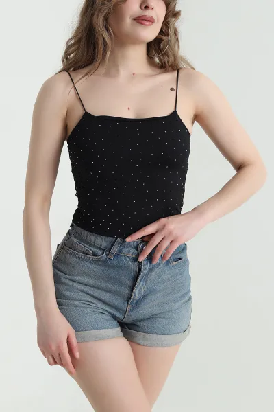 Siyah İp Askılı Taşlı Sandy Kadın Bluz 451901