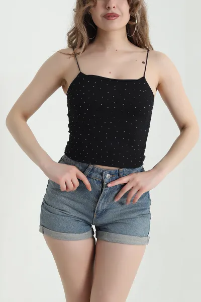 Siyah İp Askılı Taşlı Sandy Kadın Bluz 451901