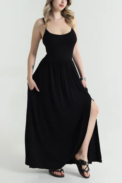Siyah İp Askılı Yırtmaçlı Bambu Kadın Elbise 471008