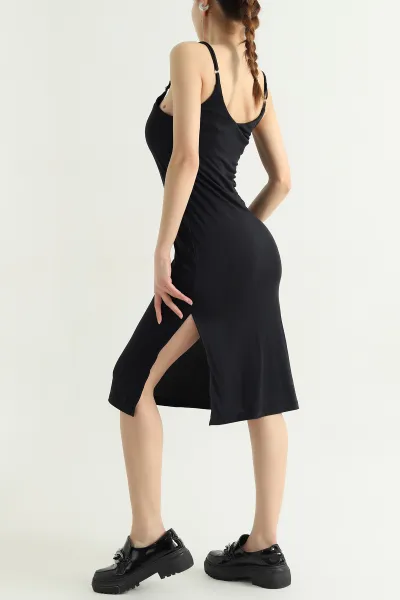 Siyah İp Askılı Yırtmaçlı Bayan Modal Elbise 338544