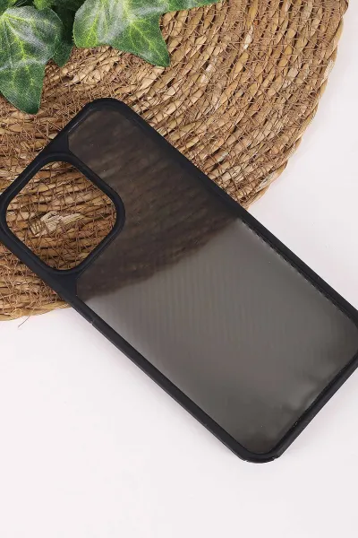 Siyah İphone 14 Pro Max Uyumlu Kamera Çerçeveli Şeffaf Sert Silikon Telefon Kılıfı 458075