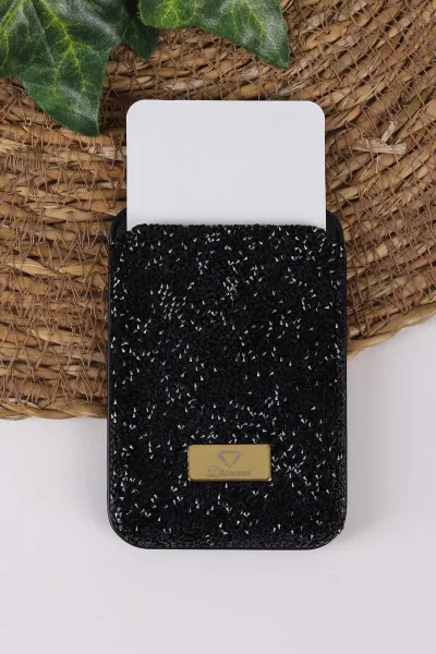 Siyah Iphone Uyumlu Diamond Wallet Case - Taşlı Magsafe Kartlık - Telefon Kartlığı 431865