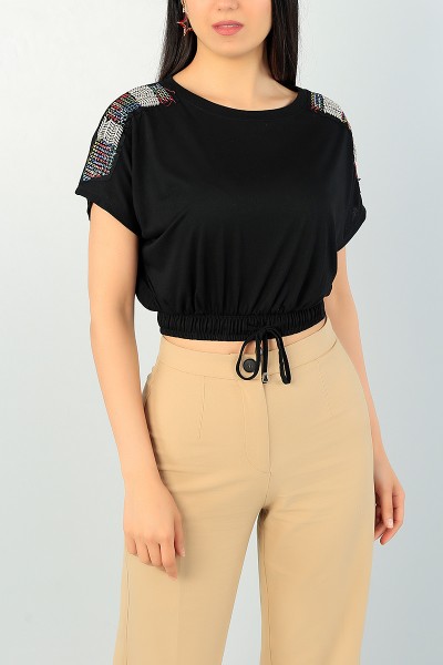 Siyah İşlemeli Omuz Tasarım Bluz 68077