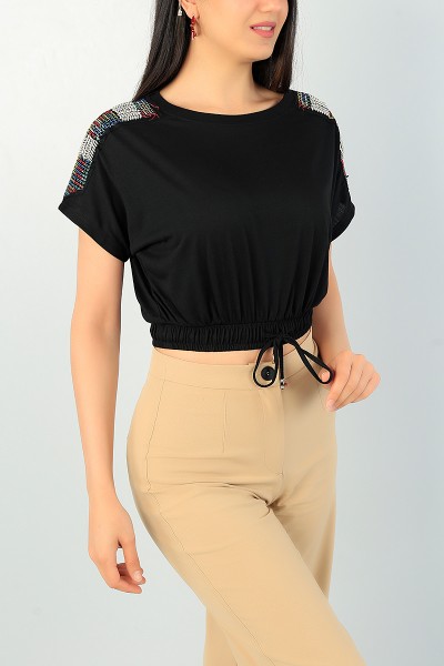 Siyah İşlemeli Omuz Tasarım Bluz 68077