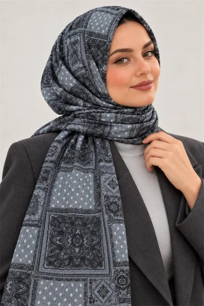 Siyah İthal Çift Tarafı Baskılı Yumuşak Dokulu Etnik Desenli Kadın Şal 90x180 cm 498749