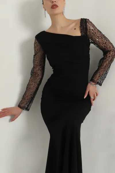 Siyah İthal Crep Kadın Pul Payetli Abiye 398078