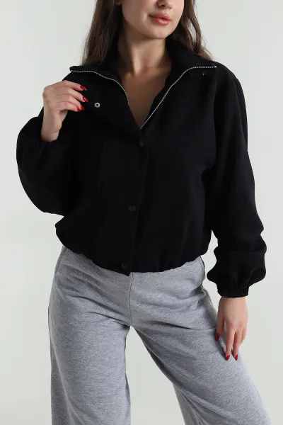 Siyah İthal Lusso Kumaş Boğazlı Trend Kadın Mont 496446