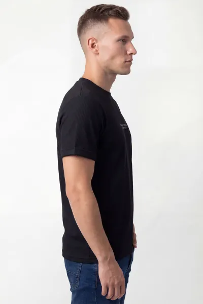 Siyah Jakarlı Bisiklet Yaka Yazı Detaylı Erkek Tişört 435287