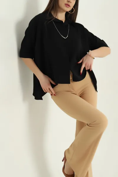 Siyah Jessica Kumaş Kolyeli Gömlek 335021