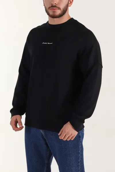 Siyah Kabartma Yazılı Bisiklet Yaka Erkek Sweatshirt 396890