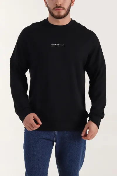 Siyah Kabartma Yazılı Bisiklet Yaka Erkek Sweatshirt 396890