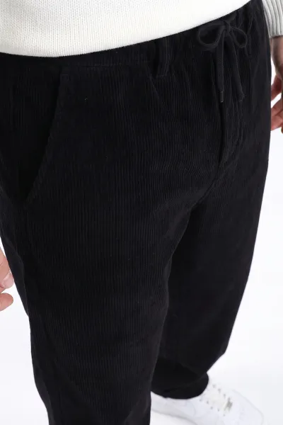 Siyah Kadife Baggy Yeni Sezon Belden Bağlamalı Erkek Pantolon 493158