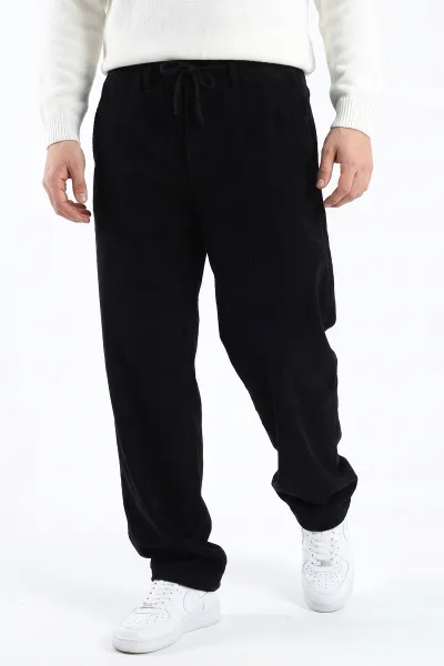Siyah Kadife Baggy Yeni Sezon Belden Bağlamalı Erkek Pantolon 493158