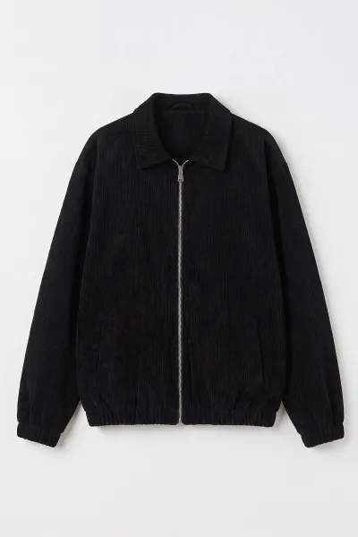 Siyah Kadife Oversize Fermuarlı Erkek Ceket 491697