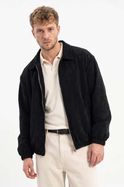 Siyah Kadife Oversize Fermuarlı Erkek Ceket 491697