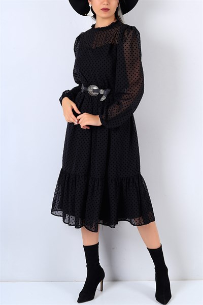 Siyah Kadife Puantiye Şifon Elbise 22120B