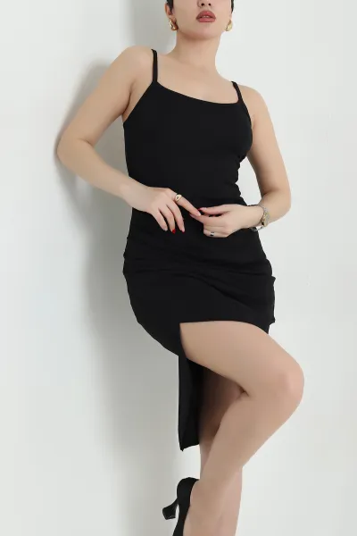 Siyah Kadın İp Askılı Asimetrik  Krep Elbise 441229