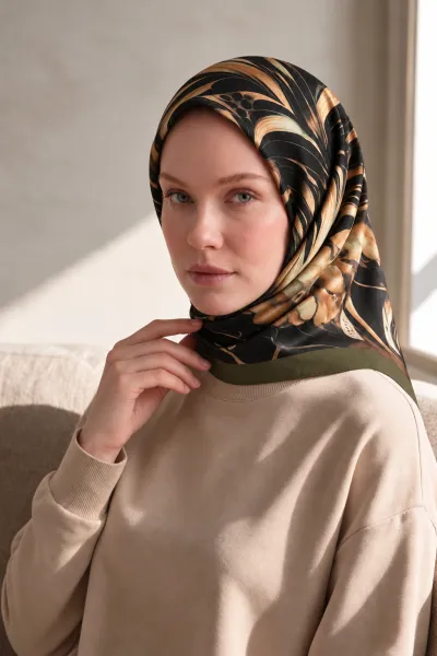 Siyah - Kahve 90x90 Cm Dijital Baskılı Edenia Desen Soft Eşarp 498549
