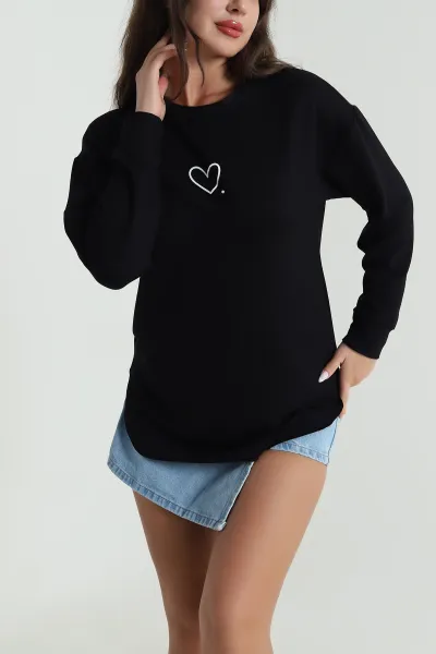 Siyah Kalp Baskılı Kristal Kadın Sweat Tunik 485619