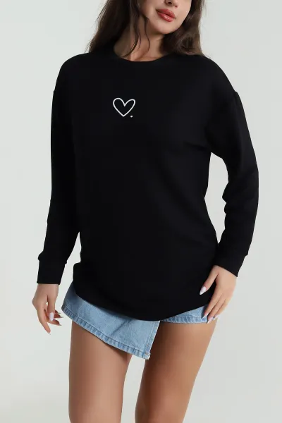 Siyah Kalp Baskılı Kristal Kadın Sweat Tunik 485619