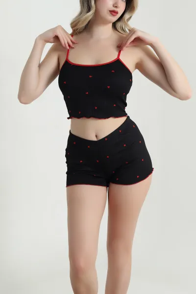 Siyah Kalp Desenli Askılı Kadın Şortlu Pijama Takımı 466385